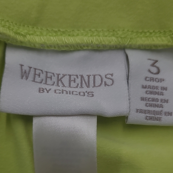 Lime Green Capris Cinched Leg Ties Chico's Size 3 / 16 Soft Stretchy Crop Pant - Picture 3 of 13